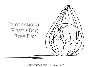 Planet in a plastic bag. Pollution of the environment with polyethylene. International Plastic Bag Free Day. One line drawing for different uses. Vector illustration.