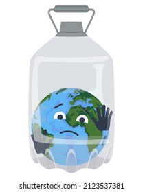 Planet in a plastic non-degradable bottle. The earth is crying from an ecological catastrophe. Poster. Flat vector illustration. Eps10.