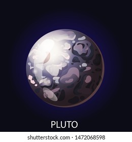 Planet Pluto 3D cartoon vector illustration. Spherical planet with gray illuminated surface with craters and relief isolated on dark blue cosmic background