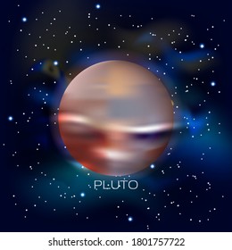 Planet Pluto. Against the background of outer space with stars and cosmic dust. Vector illustration