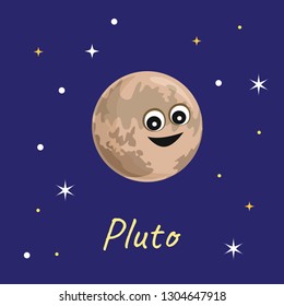 Planet Pluto in background of space and stars. Cute funny character. Vector illustration of Solar System object in cartoon flat style.