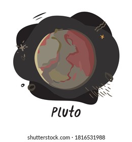 Planeta Pluto dibujando un dibujo al estilo con fondo espacial aislado en blanco. Símbolo del planeta del sistema solar para vivero, libros, astrología. Ilustración vectorial de dibujos animados.