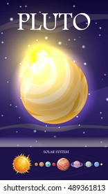 Planet Pluto in solar system. Solar system with stars, Sun, Pluto, Neptune, Uranus, Venus, Mercury, Saturn, Jupiter, Mars, Earth and Moon on orbit. Planets in orbit around the sun. Set of planets