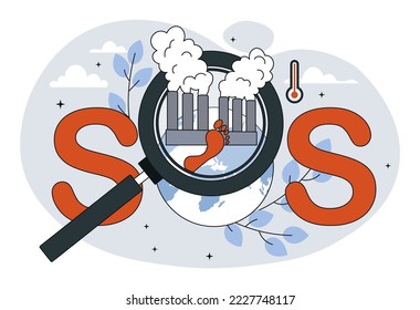 Planet pollution concept. Magnifying glass aimed at factories with smoke. Caring for environment, ecology and nature. Motivational poster or banner for website. Cartoon flat vector illustration
