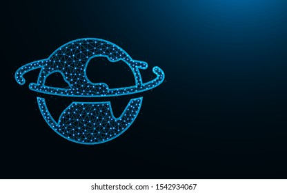 Planet poly design, Earth orbit abstract geometric image, space wireframe mesh polygonal vector illustration made from points and lines on dark blue background 