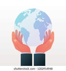 Planet protection concept. Globe in hands icon. Vector illustration flat design. Isolated on white background. Save eco. Cartoon environment. Object for advertising, promotion and poster.