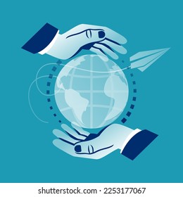 Planet protection concept. Globe in hands icon. Vector illustration flat design. Isolated on white background. Save eco. Cartoon environment. Object for advertising, promotion and poster.