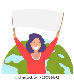 Planet protection. Woman with banner in hand with planet of Earth on background. Concept vector illustration for your text. 