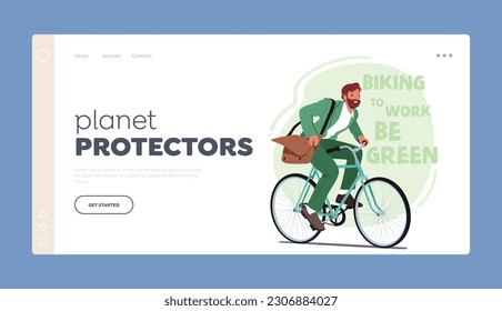 Planet Protectors Landing Page Template. Eco-friendly Man Rides A Bike For Sustainability And Health, Reducing Carbon Footprint And Promoting A Healthy Lifestyle. Cartoon People Vector Illustration