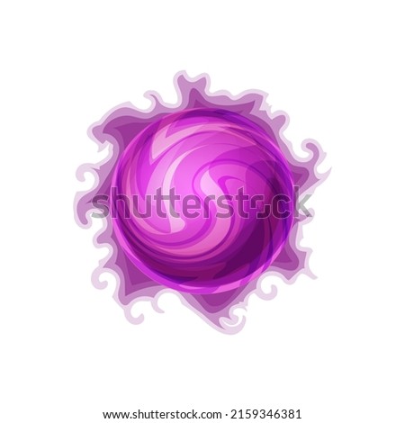 Planet of purple fire isolated alien confectionery world cartoon icon. Vector choco outer space globe, yummy atmosphere habitable planet. Tasty sphere, ui game design element, user interface object