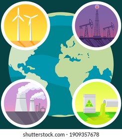 Planet with reasons of destroying. Planet is victim of human activity. Electricity production, oil extraction, disposal of radioactive waste, emission of gases and smoke into atmosphere concept