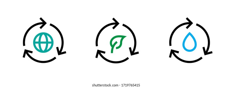 Planet recycle, Water treatment, Environmental icons. Editable Line Vector. Set flat signs of recycle or eco for website and mobile app.