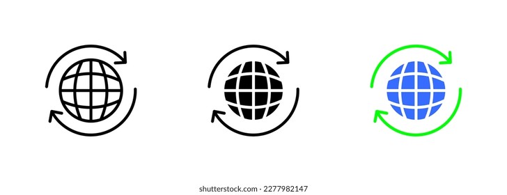 A planet with a recycling symbol, representing the importance of sustainability and responsible waste management for the health. Vector set of icons in line, black and colorful styles isolated.
