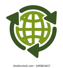 Planet and recycling symbol, world Earth day isolated icon vector. Ecology and environment, saving and protection, emblem or logo. Eco friendly activity, plant trees and recycle garbage, clean air
