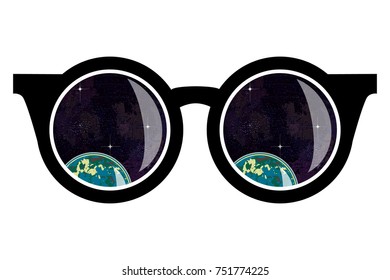 planet in the reflection of sunglasses. card on a space theme. It can be used for packaging, invitations, postcard holiday, fabrics and textiles, etc.