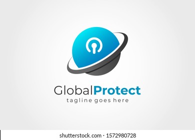 Planet With Ring And Lock Sign Inside. Global Security Logo Design Template Element