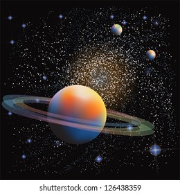 Planet with ring over spiral nebula background.