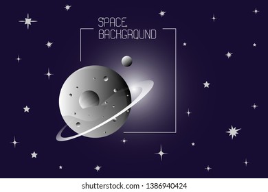 Planet with ring and satellite. Stars in space. Space background. Black white