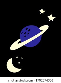 Planet with a ring. Violet Saturn. Black background with stars. Hand drawn vector illustration.