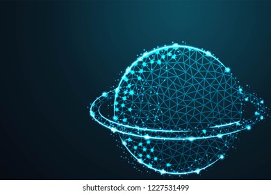 planet with ring, wireframe line concept with crumbled edge on blue night sky with dots, stars and looks like constellation, vector illustration