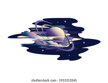 Planet with rings in a haze of clouds against the background of the starry sky. Space illustration isolated on white background.