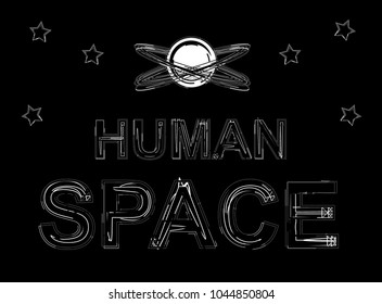 A planet with rings, human celebrity inscription Human Space on a black background, stars.
