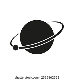 Planet with rings icon. Celestial body graphic. Simplified Saturn-like symbol. Black and white vector.