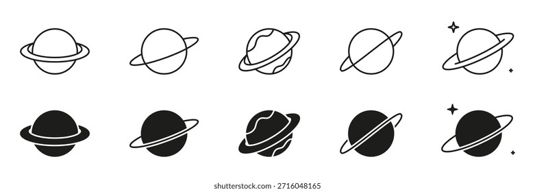 Planet With Rings Line And Solid Icon Set. Astronomy, Space Exploration, And Celestial Bodies Outline And Silhouette Symbol. Cosmic And Galactic. Isolated Vector Illustration.