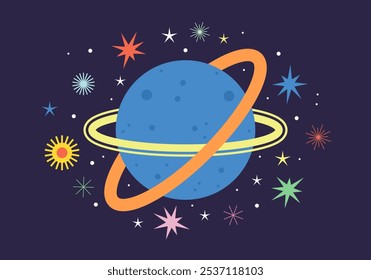 Planet with Rings in Space. Planet with spots, stripes and rings. Futuristic planet