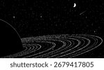 Planet with rings and star field in digital artwork. Space vector background for galaxy exploration and cosmic science.