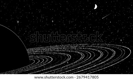 Planet with rings and star field in digital artwork. Space vector background for galaxy exploration and cosmic science.
