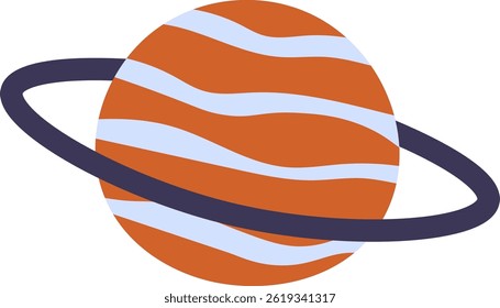A planet with rings and wavy stripes in a minimalist style. The celestial body features a simple design with an orbiting ring. Cartoon vector illustration.