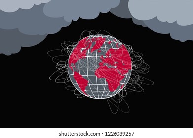 Planet at risk. Globe in red and black colors, many lines, under storm clouds, concept