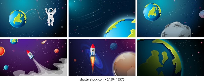 Planet, rocket and astronaut scene illustration