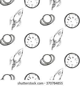 Planet and rocket hand drawn ink imitation, seamless pattern