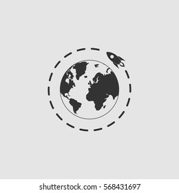 Planet with rocket icon flat. Black pictogram on grey background. Vector illustration symbol