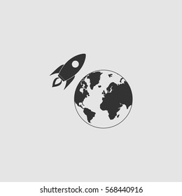 Planet with rocket icon flat. Black pictogram on grey background. Vector illustration symbol