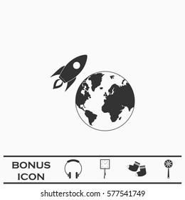 Planet with rocket icon flat. Black pictogram on white background. Vector illustration symbol and bonus button