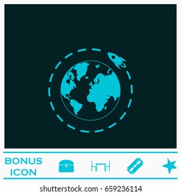 Planet with rocket icon flat. Blue pictogram on dark background. Vector illustration symbol and bonus icons