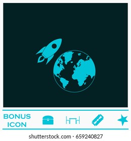 Planet with rocket icon flat. Blue pictogram on dark background. Vector illustration symbol and bonus icons