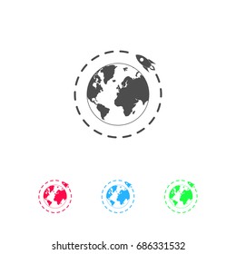 Planet with rocket icon flat. Color pictogram on white background. Vector illustration symbol and bonus icons