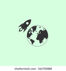 Planet with rocket icon flat. Grey vector symbol on green background
