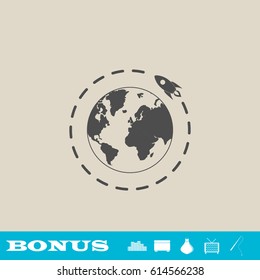 Planet with rocket icon flat. Grey pictogram on light background. Vector illustration symbol and bonus button real estate, ottoman, vase, tv, fishing rod