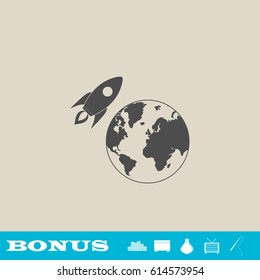 Planet with rocket icon flat. Grey pictogram on light background. Vector illustration symbol and bonus button real estate, ottoman, vase, tv, fishing rod
