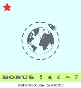 Planet with rocket icon flat. Grey pictogram on blue background. Vector illustration symbol and bonus buttons medal, cow, earth, eye, calculator