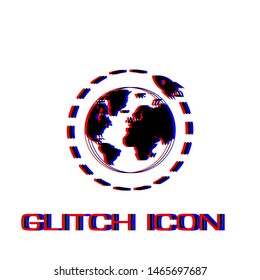 Planet with rocket icon flat. Simple pictogram - Glitch effect. Vector illustration symbol