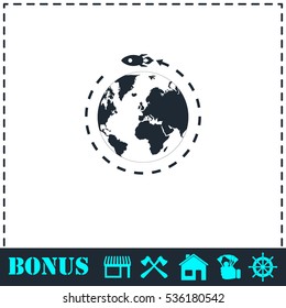 Planet with rocket icon flat. Simple vector symbol and bonus icon