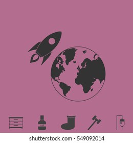 Planet with rocket icon flat. Simple vector grey pictogram and bonus symbol