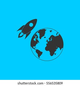 Planet with rocket icon flat. Simple vector black pictogram on blue background