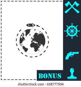 Planet with rocket icon flat. Simple vector symbol and bonus icon